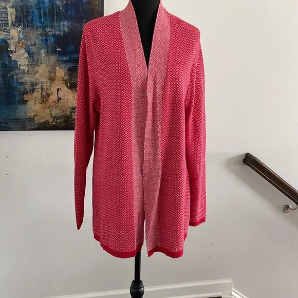 Kim Rogers Women’s Cardigan Red White Print All Cotton - Picture 2 of 10